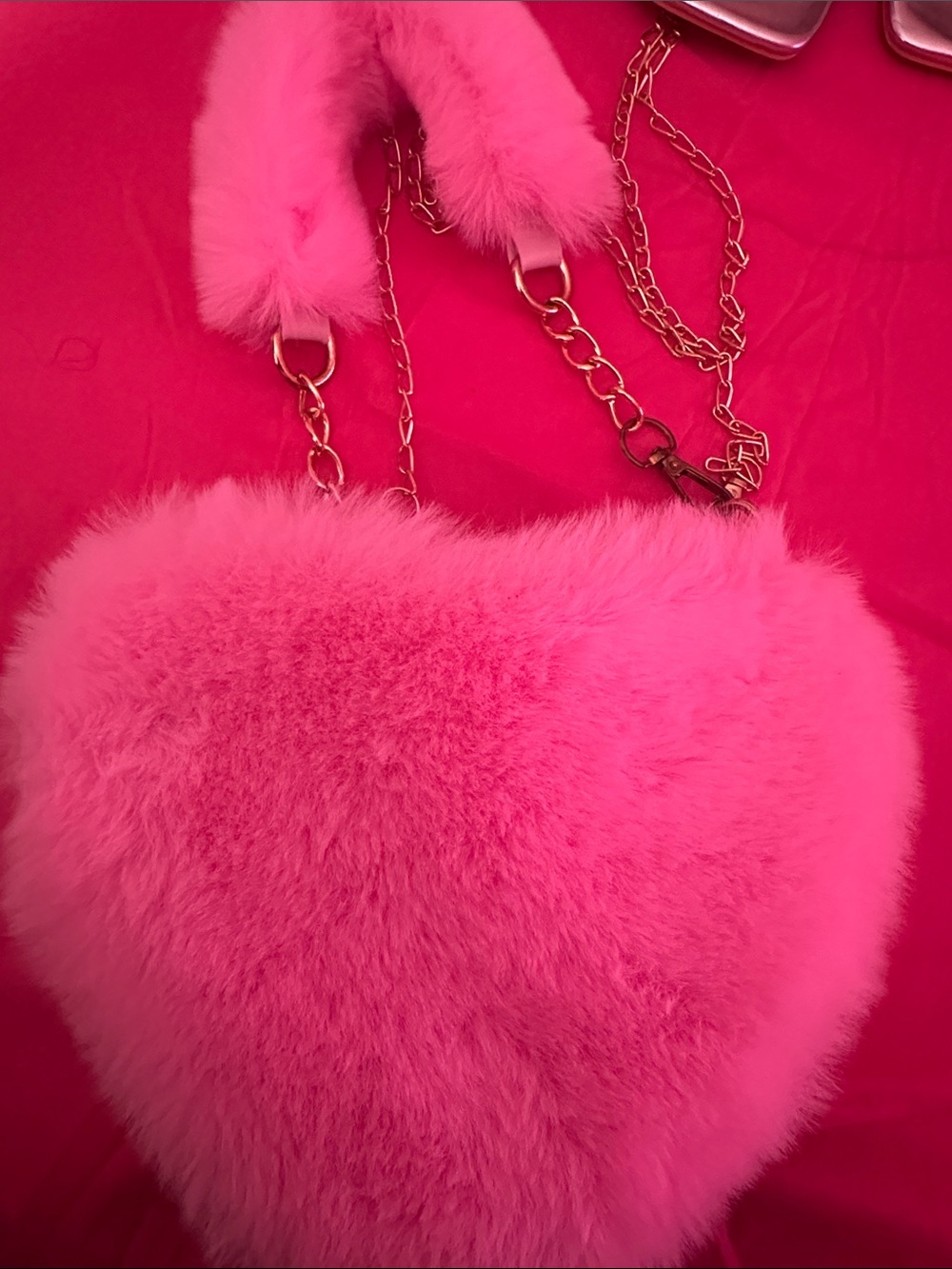 Faux Fur Heart Crossbody Bag in Bright Pink